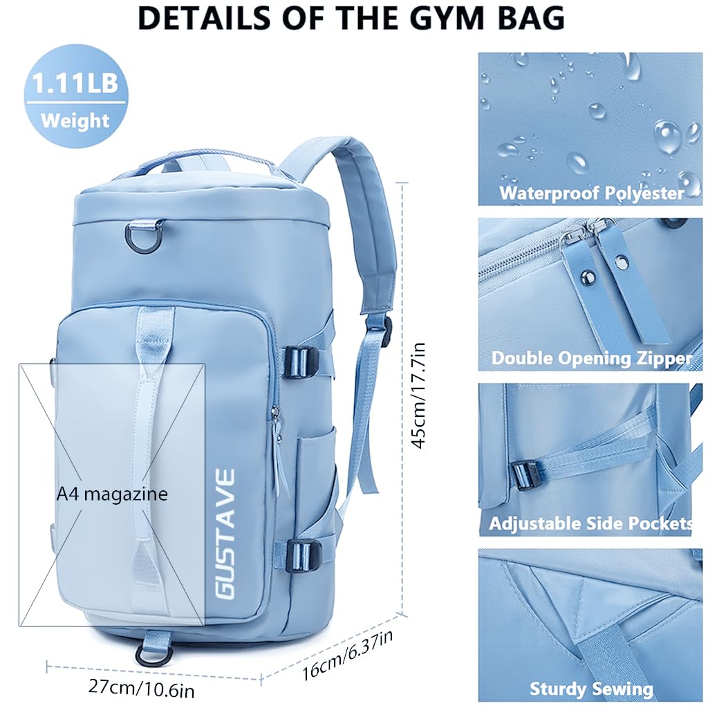 ZIBUYU Gym Bag for Workout and Travel featuring 30L Capacity with Shoe Compartment | Waterproof Oxford Cloth Blue Backpack