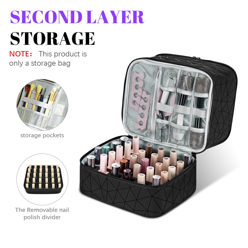 MAYCREATE Travel Nail Polish Organizer Bag for 30 Bottles with Double Layer Design | PU Makeup Storage Case