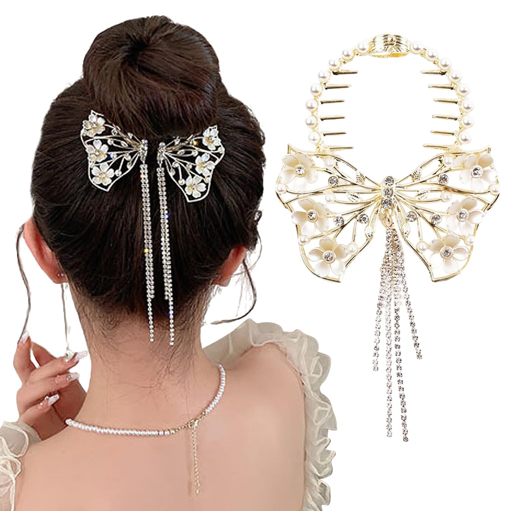 ZIBUYU Bow Hair Clips for Women featuring Pearl Rhinestone Tassel and Floral Design | Elegant Accessory for Weddings and Daily Styling