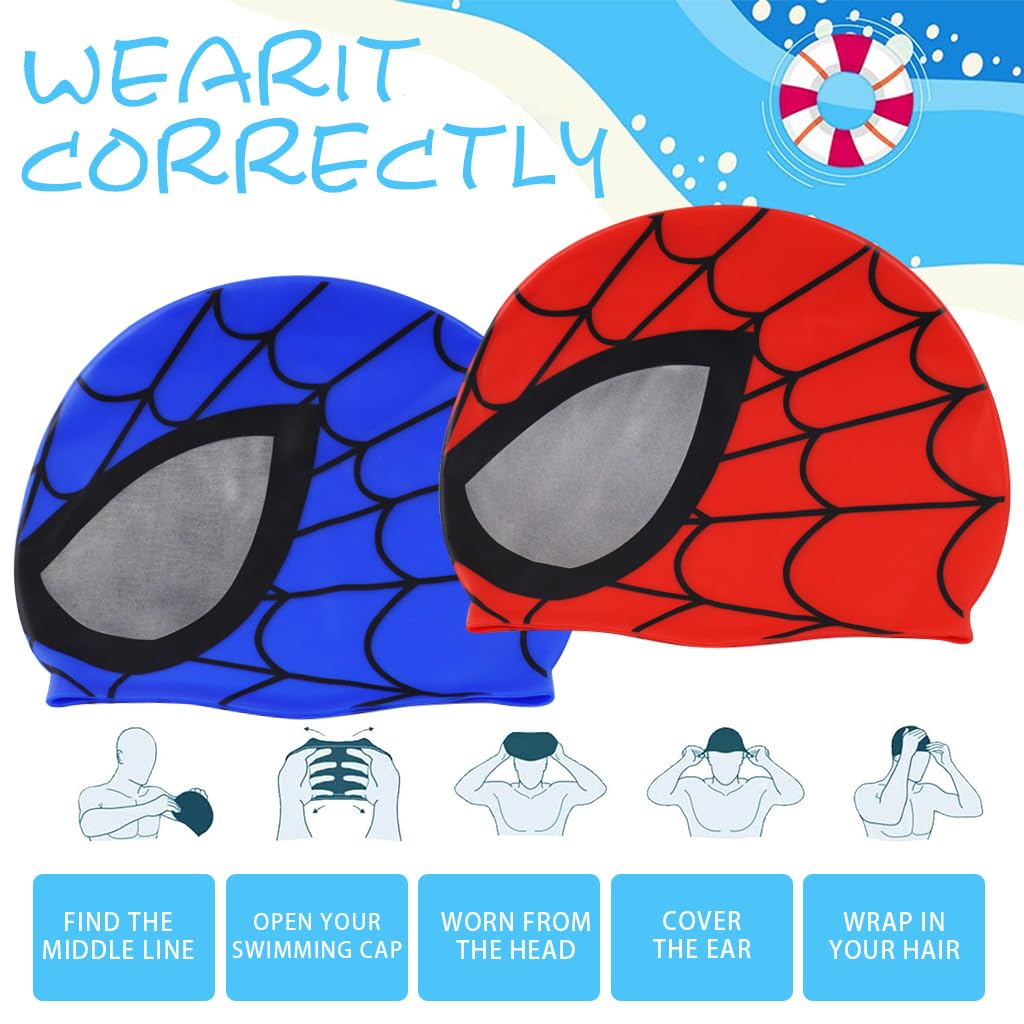 Proberos® Kids Silicone Swim Caps, Cartoon Spiderman Swimming Cap for Kids Elastic Silicone Swim Cap, Waterproof Stretchy for Children, Swimming Cap for Child Aged 3-6(2pc)