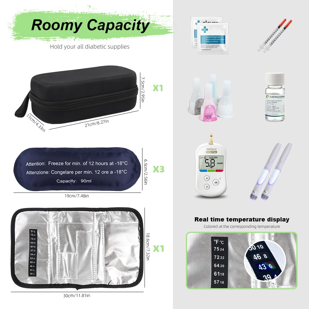 ZIBUYU Insulin Cooler Travel Case with 3 Ice Packs and Temperature Display Black | 8.67×4.33×2.03 in Portable Diabetic Supply Organizer