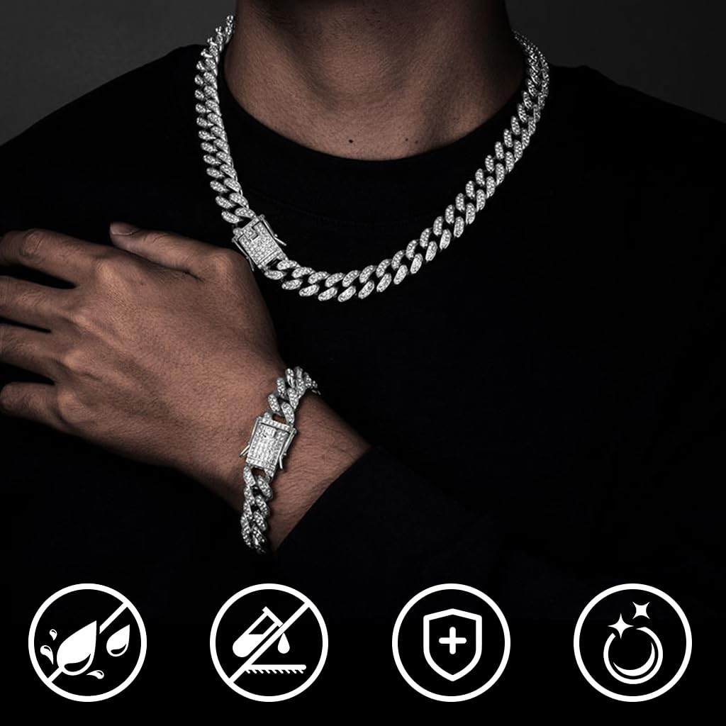 GUSTAVE Cuban Link Chain Set for Men featuring Interlocking Links with Zircon Shine 24 in | 7.8 in