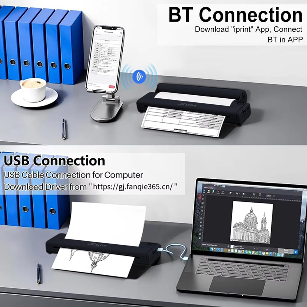 Zeitel Wireless Bluetooth Printer A4 Size for Home and Travel with 50 Sheets | Inkless Printing