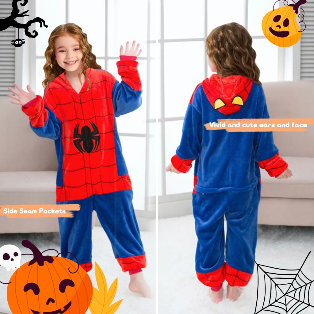 PALAY® Winter Kids Pajama Soft Plush Spiderman Pajama Warm Plush Kids Spiderman Hooded Pajama Girls Boys Pajama Party Costume Zipup Spiderman Pajama for 5-6 Years Old