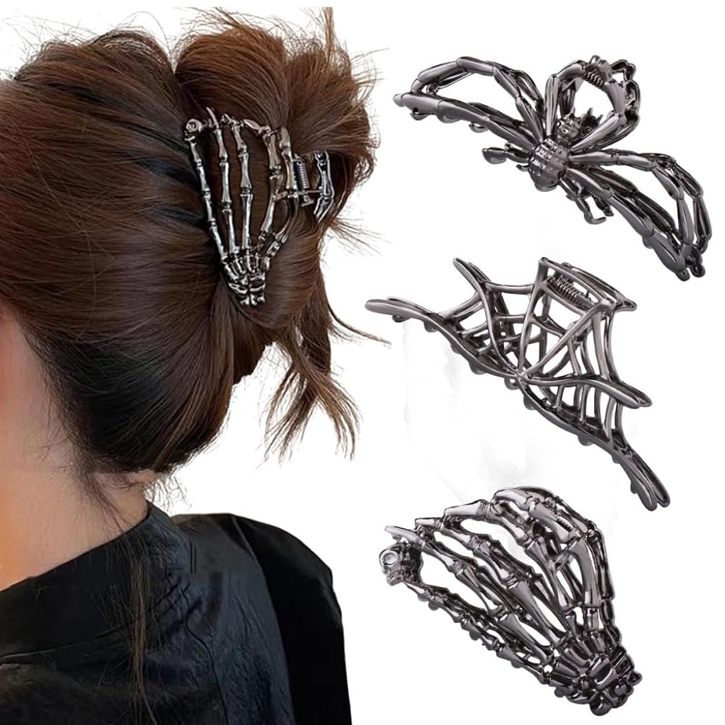 MAYCREATE® 3Pcs Gothic Hair Claw Clips for Women Girls, Skeleton Hand-shaped Punk Metal Claw Clip, Spider-shaped, Cobweb Metal Alloy Hair Clips Fashion Halloween Hair Accessories