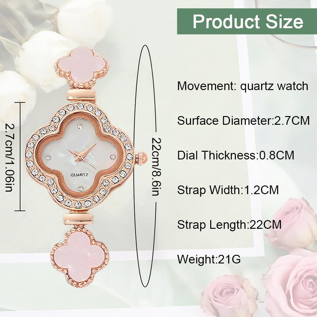 Fancyku Wrist Watch for Women with Adjustable Sliding Buckle and Four Leaf Clover Charm | Rose Gold Rhinestone Bracelet Gift