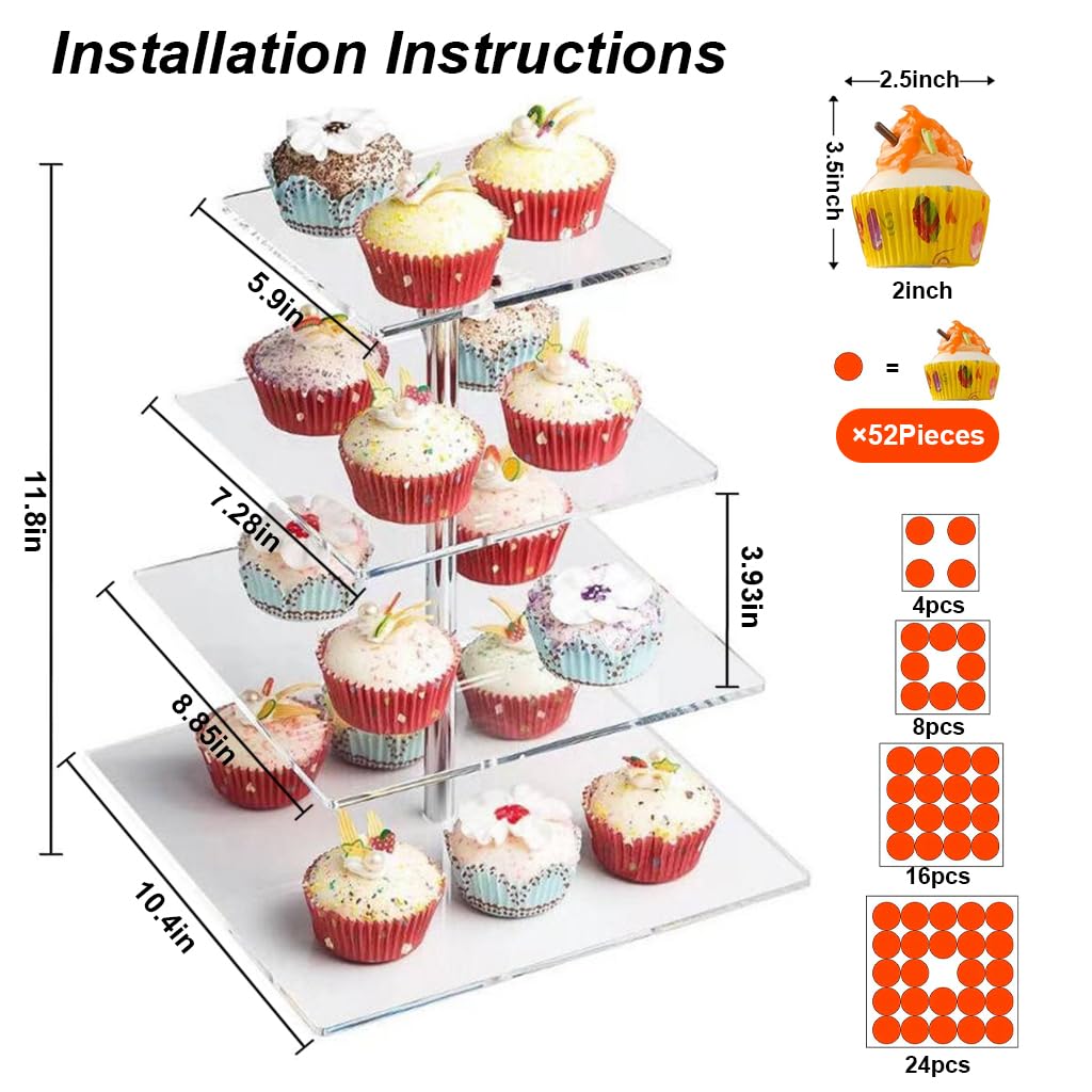 Supvox Acrylic Cake Stand for Cupcakes and Desserts featuring 4 Tier Square Design 15.7 in | Clear Display for Parties