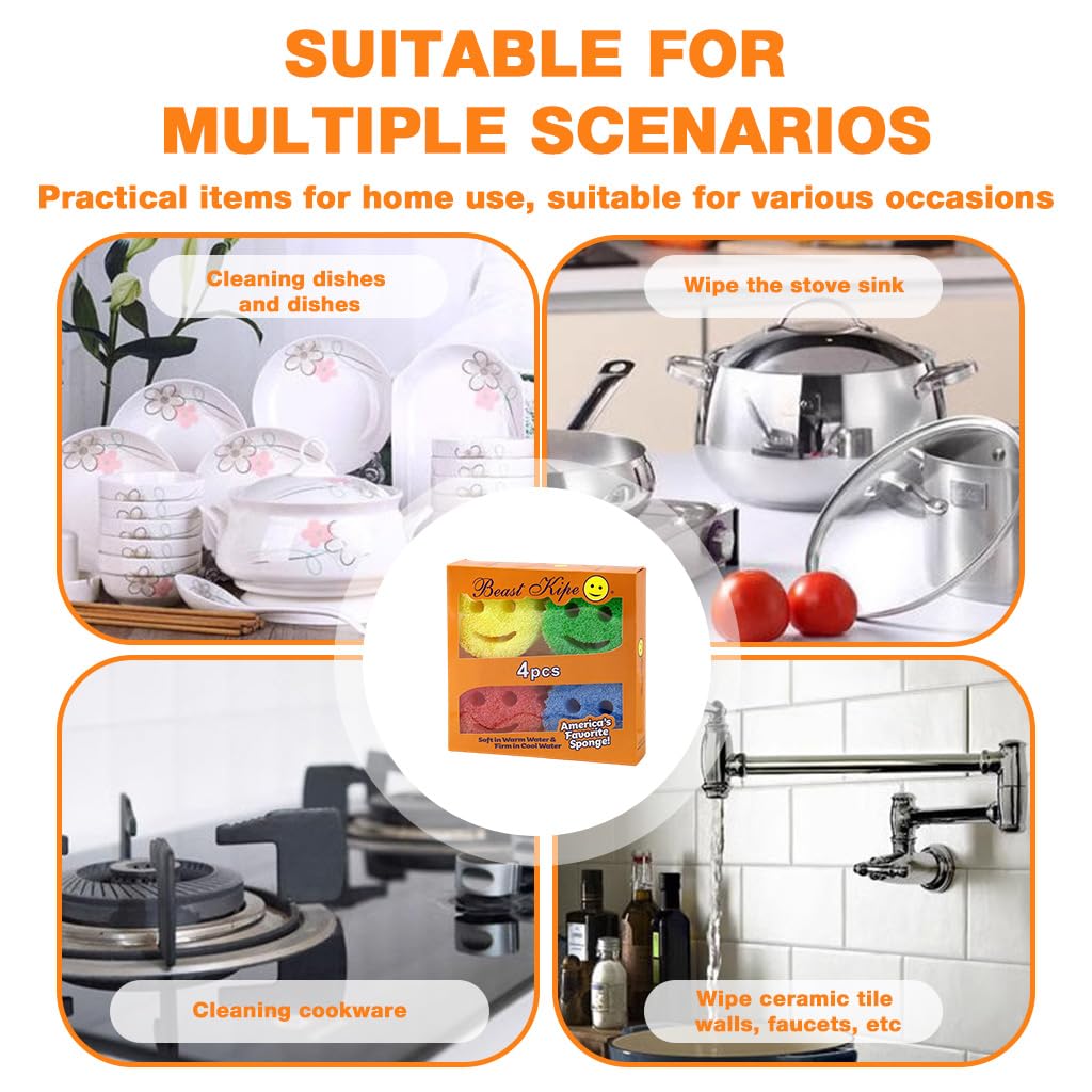 Supvox Scrubber for Kitchen 4 Pack with Dual Sided Sponge and Suction Cups | Fun Smiley Design