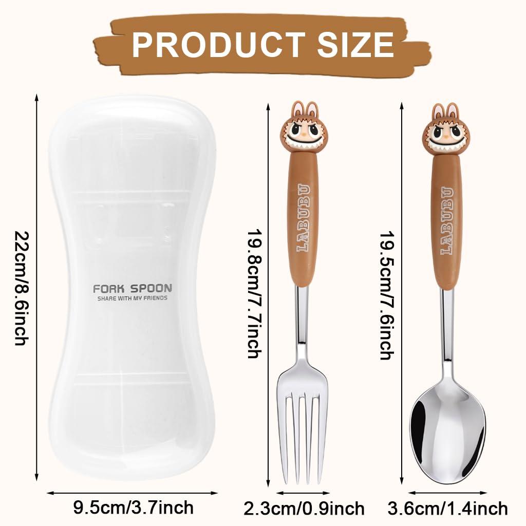 Supvox Fork and Spoon Set with Cartoon Handles and Storage Case for School & Picnic | Stainless Steel Utensils for Kids