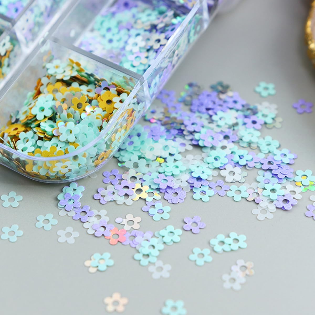 MAYCREATE Flower Nail Glitter Sequins for DIY Manicure with 12 Grids Mixed Colors | 3D Floral Nail Art Charms