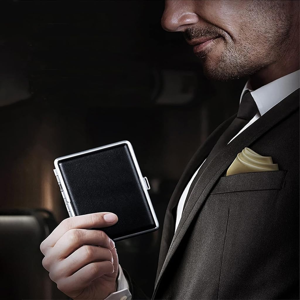 GUSTAVE Cigarette Case for 20 King Size 84mm Cigarettes with Spring Button | Brown Leather Metal Holder for Men and Women