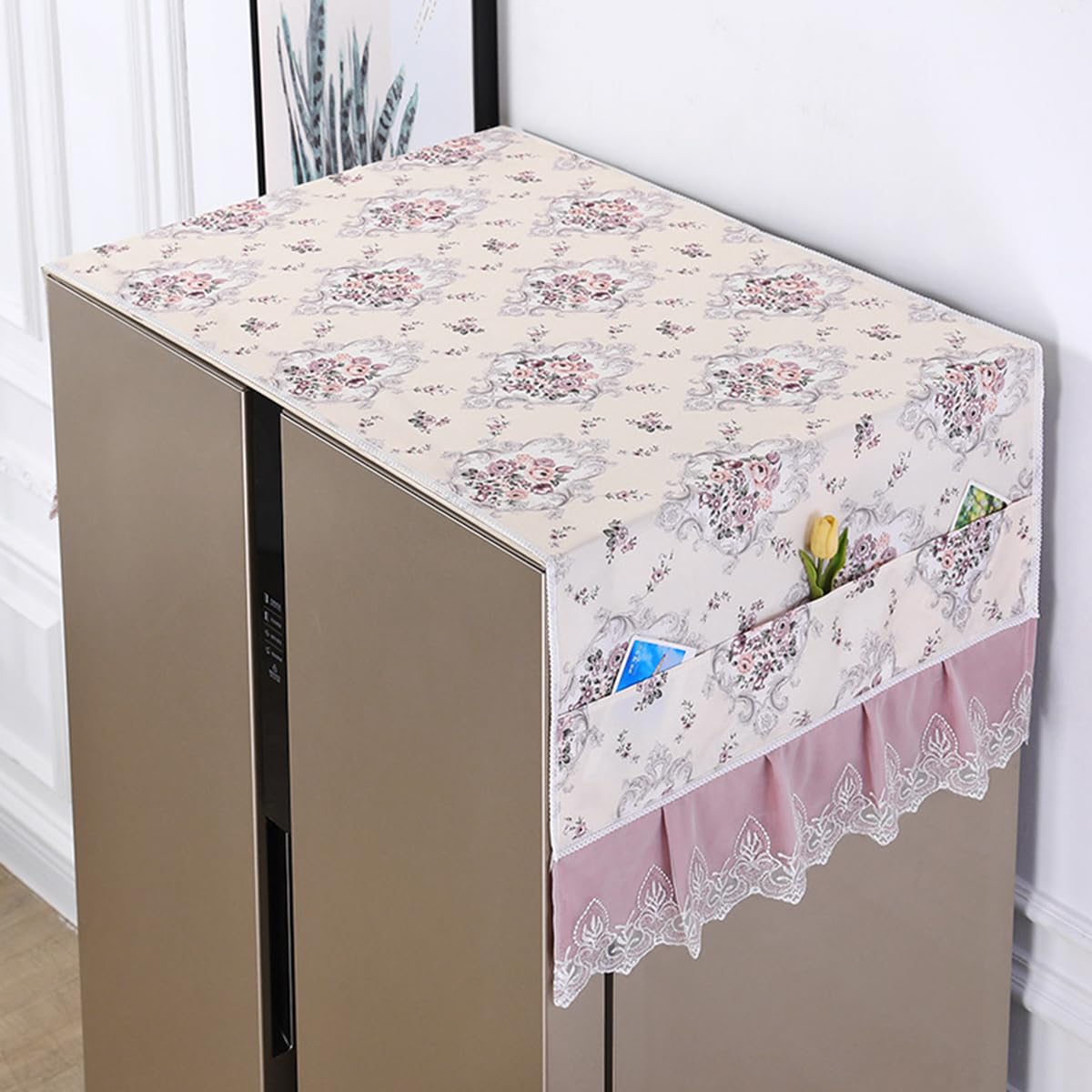 HASTHIP Refrigerator Cover for Double Door Fridge with Floral Print Lace Hem | 27.6 x 67 in Dust Proof 2PCS