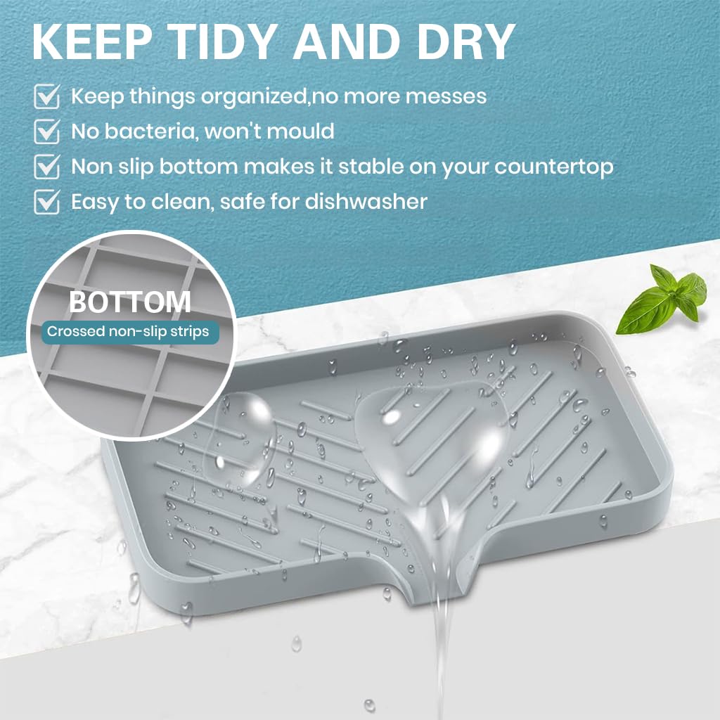 Supvox Silicone Kitchen Sink Organiser for Soap and Sponges with Grooved Drain Mat 9.6x5.3 in