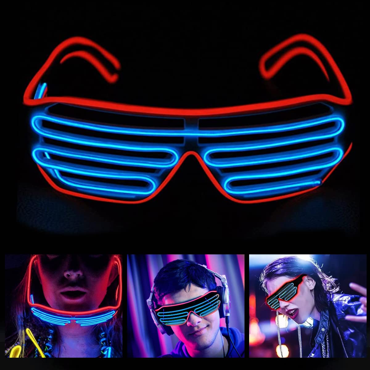 PATPAT Party Glasses, Light Up Flashing Shutter Neon Glasses, Two-Tone Glasses Glow in The Dark for Rave Party, Halloween, Christmas, 3 Light Modes (Red- Blue)