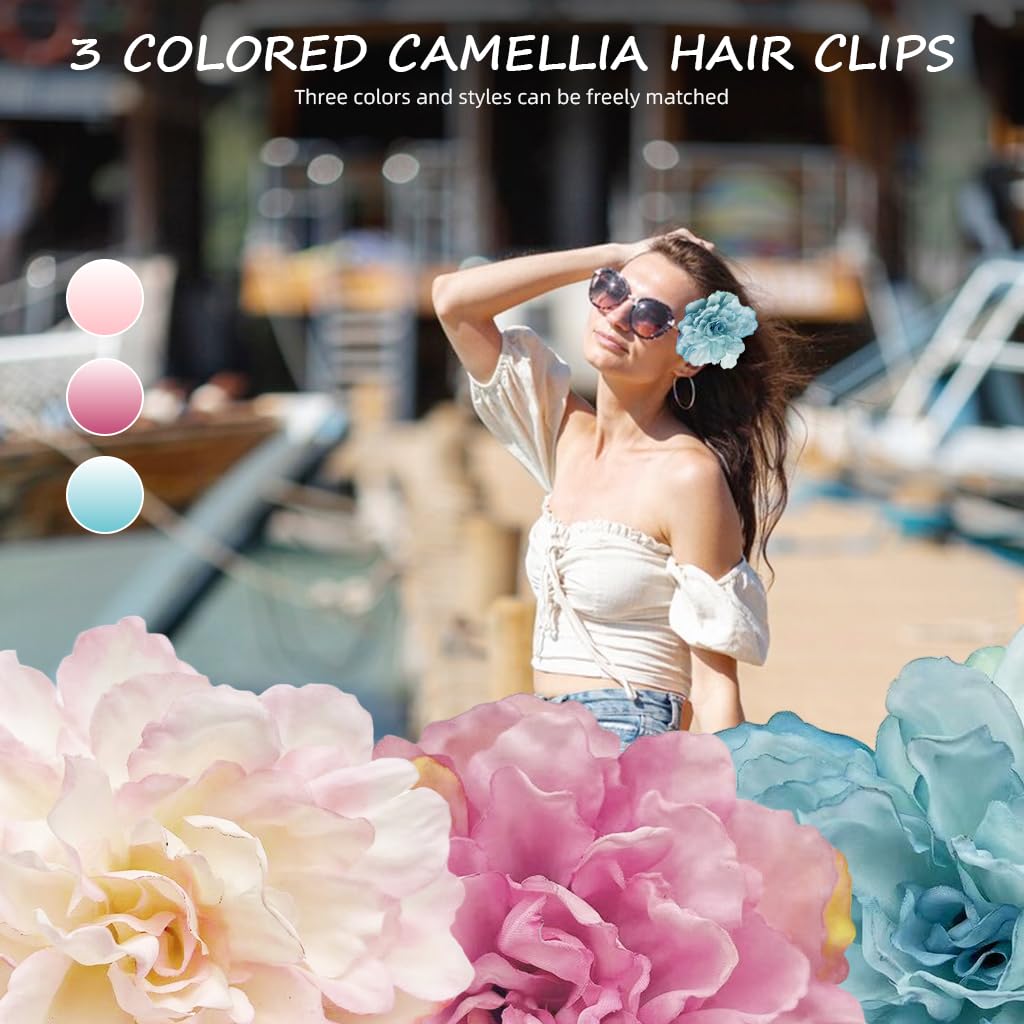 SANNIDHI Hair Clips for Women featuring 3Pcs Camellia Flower Barrettes | Colorful Beach Accessories