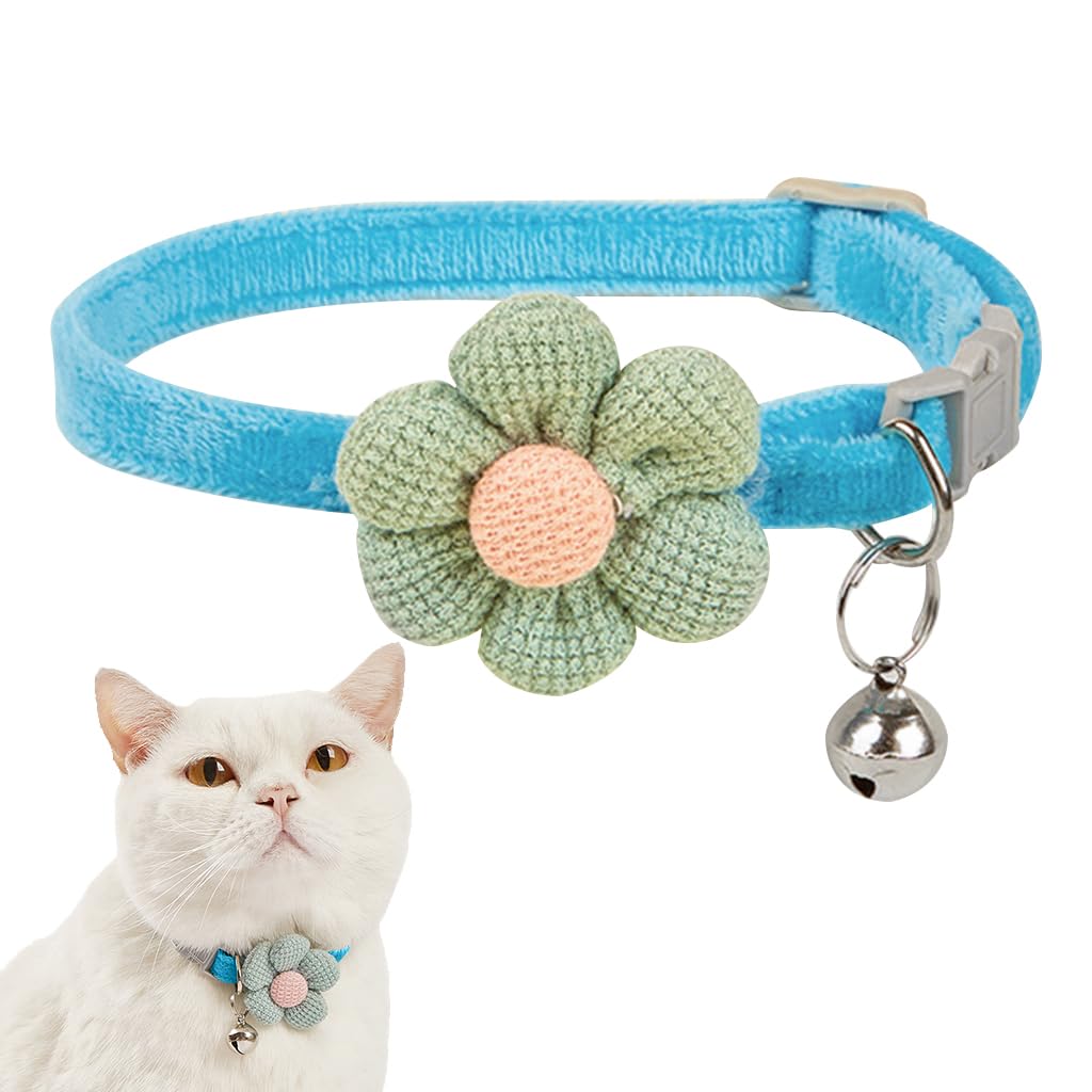 Qpets® Cat Collar Pet Collar Cute Flower Cat Collar with Bell, Lovely Cat Collar Quick Release Adjustable Cat Collar Soft Plush Collar Cat Gift Cat Collar, Blue