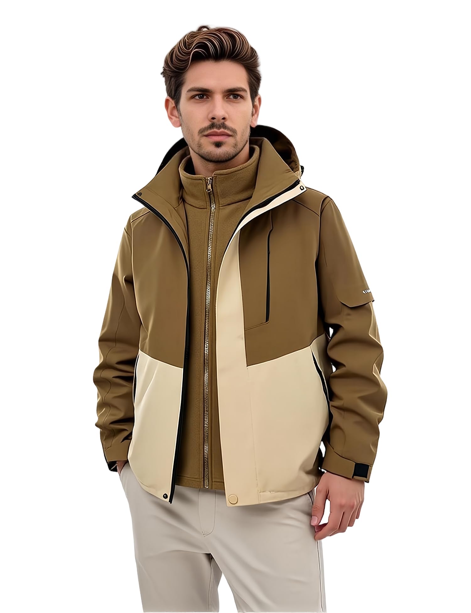 Venzina Men's 3 in 1 Outdoor Hiking Jacket for Winter Sports with Detachable Fleece Liner | Waterproof Windproof Army Brown Coat