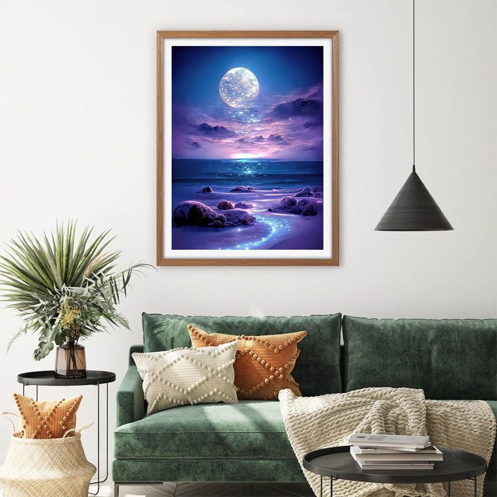 HASTHIP DIY 5D Diamond Painting Art Kit for Home Decor with Purple Moonlit Beach 12 x 16 in | Beginner Set