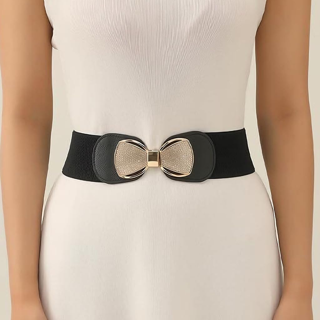 Zibuyu Wide Elastic Belt for Women featuring Gold Bowknot & Diamond | Stretch 65–85cm Black Faux Leather