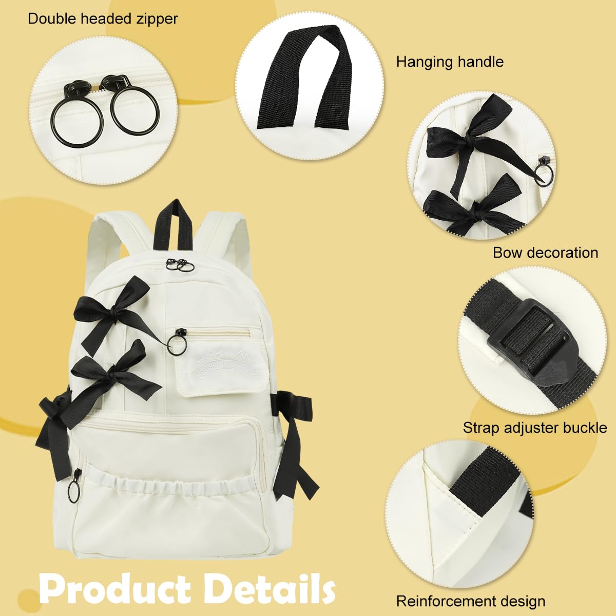 PALAY School Bag for Girls with Bow and Multi Pocket Design in White Oxford Cloth | Large Capacity Backpack for School or Travel