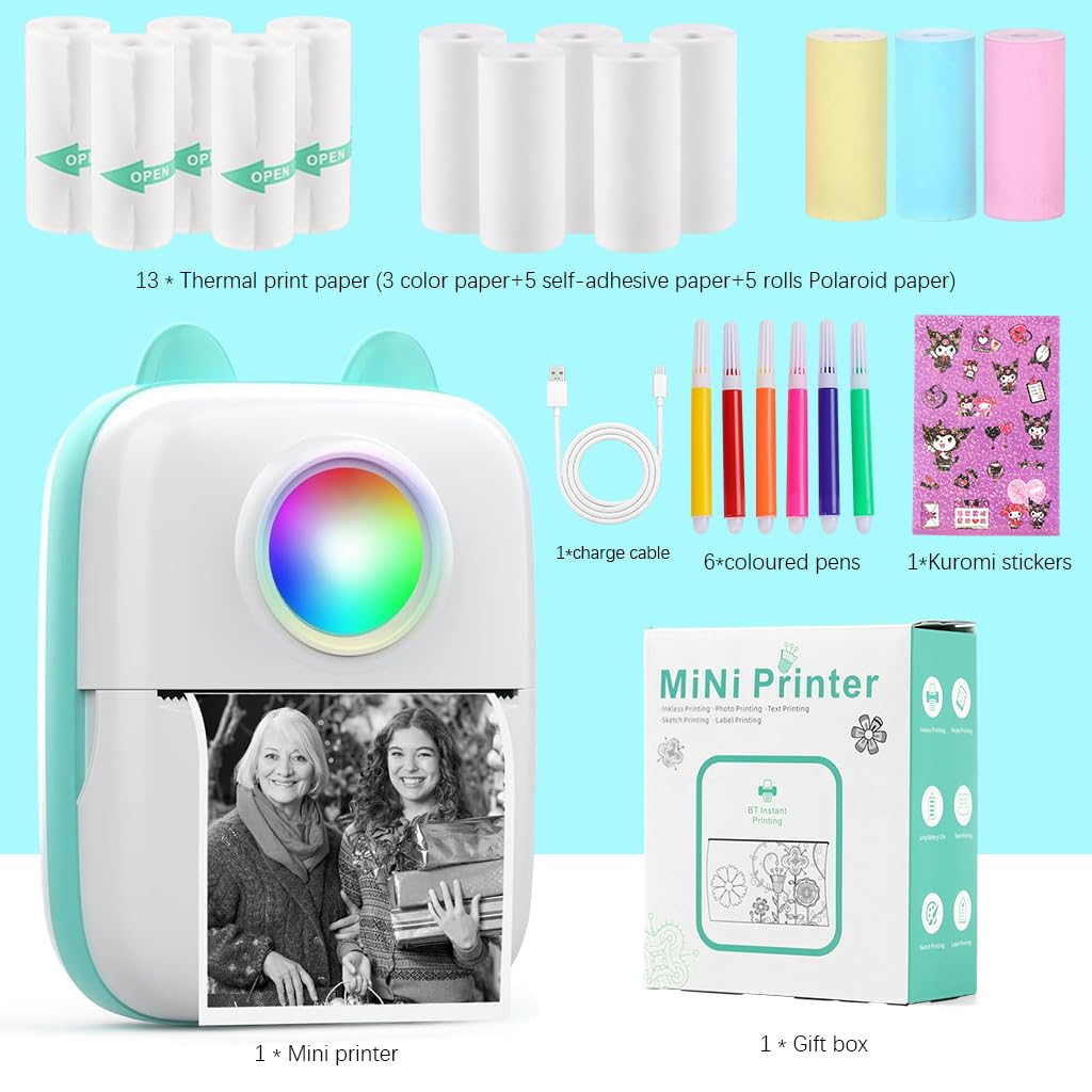 ZEITEL Mini Bluetooth Thermal Printer for Labels with 13 Paper Rolls and LED Light | Ink‑Free Portable Printing for Android and iOS