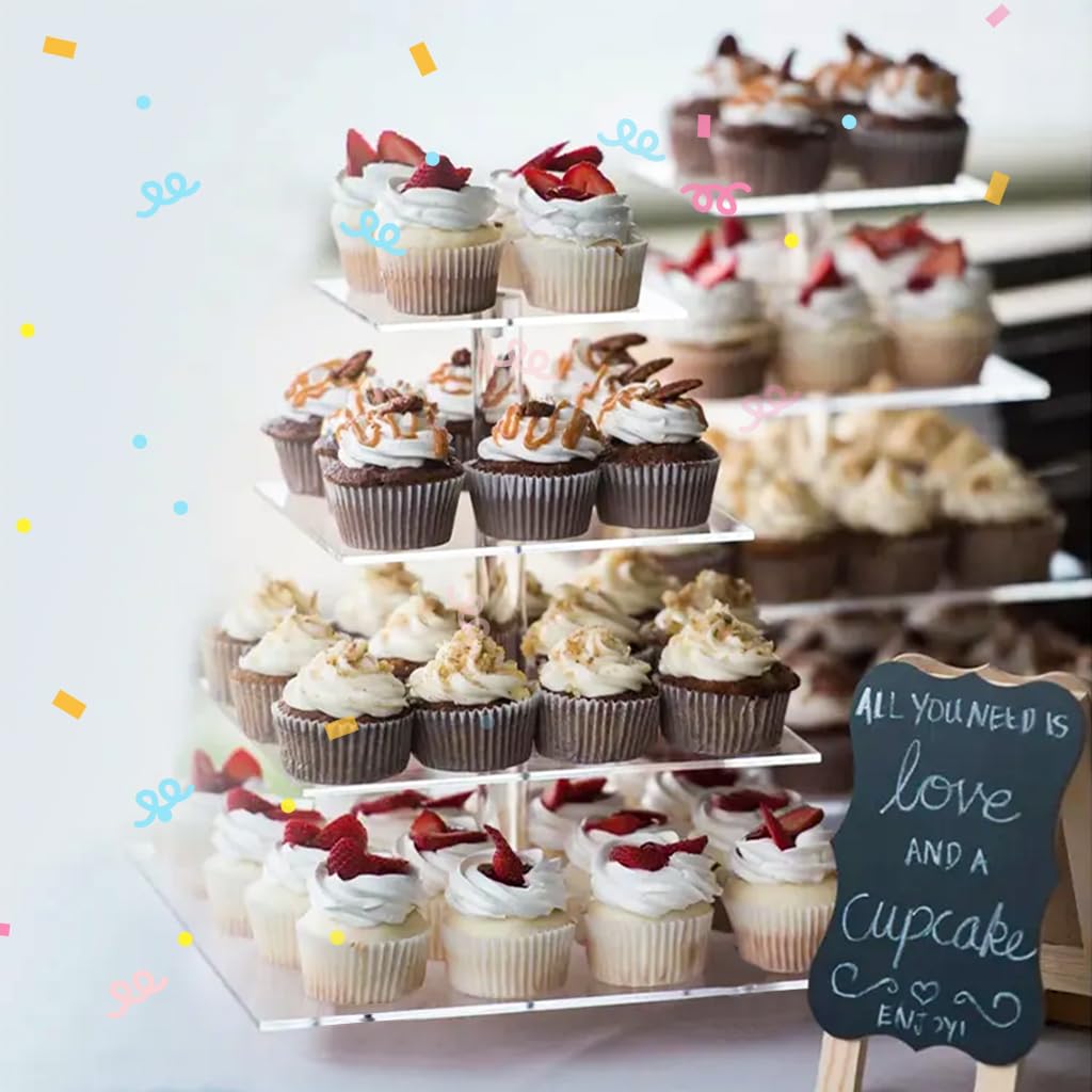 Supvox Acrylic Cake Stand for Cupcakes and Desserts featuring 4 Tier Square Design 15.7 in | Clear Display for Parties