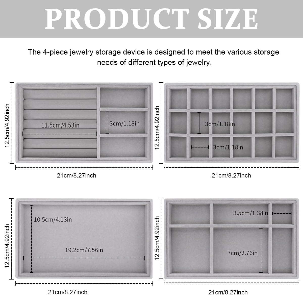 SANNIDHI Jewelry Organizer 4pcs Set for Earrings and Necklaces with Stackable Trays | 9.4×5.9×1.1 in Drawer Storage