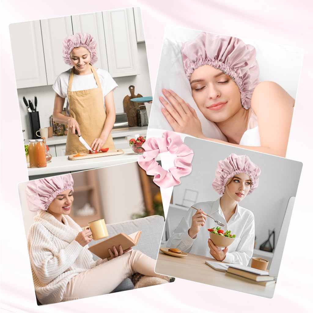MAYCREATE Silk Bonnet for Sleeping with Adjustable Stretch Headband and 1 Scrunchie | Double‑Sided Satin Cap for Women Hair Protection