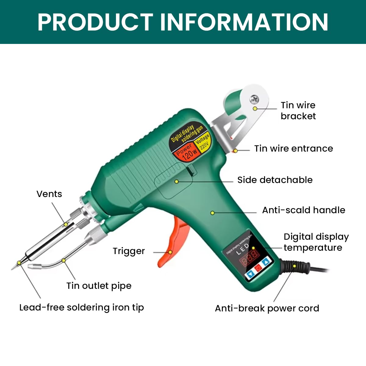 Serplex® 120W Soldering Gun with Switch LCD Digital Display Wired Handheld Soldering Gun 180-520°C Temp Adjsutment Ceramic Heater Quick Heating Auto Tin Wire Feeding