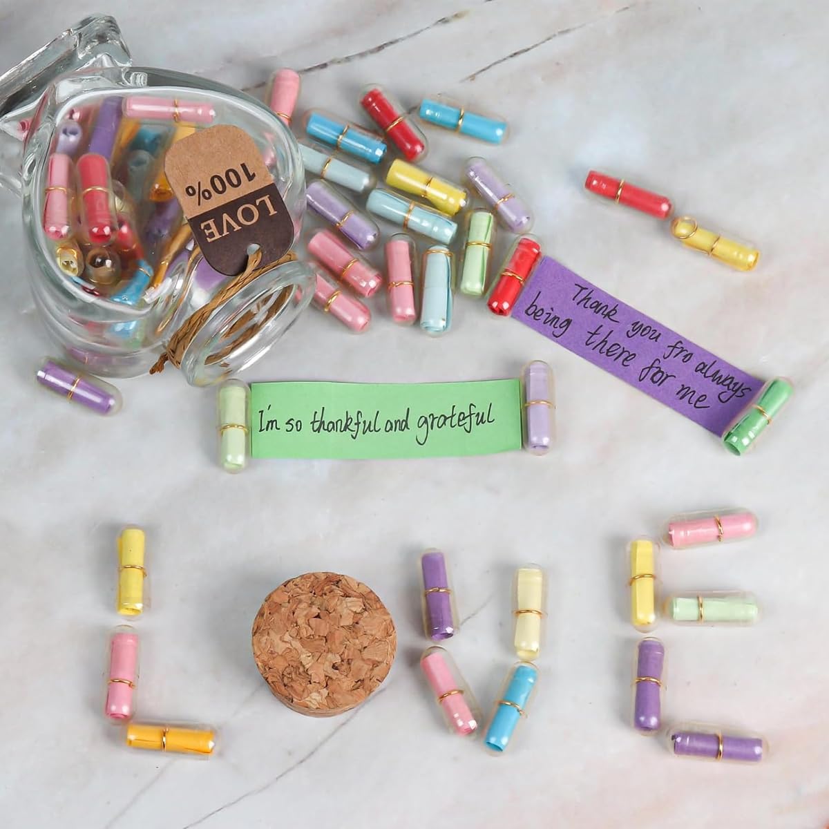 HASTHIP Letters Message in a Bottle for Birthday and Valentines Gift featuring 45pcs Notes | Heart Shaped Glass Drift Bottle for Girlfriend