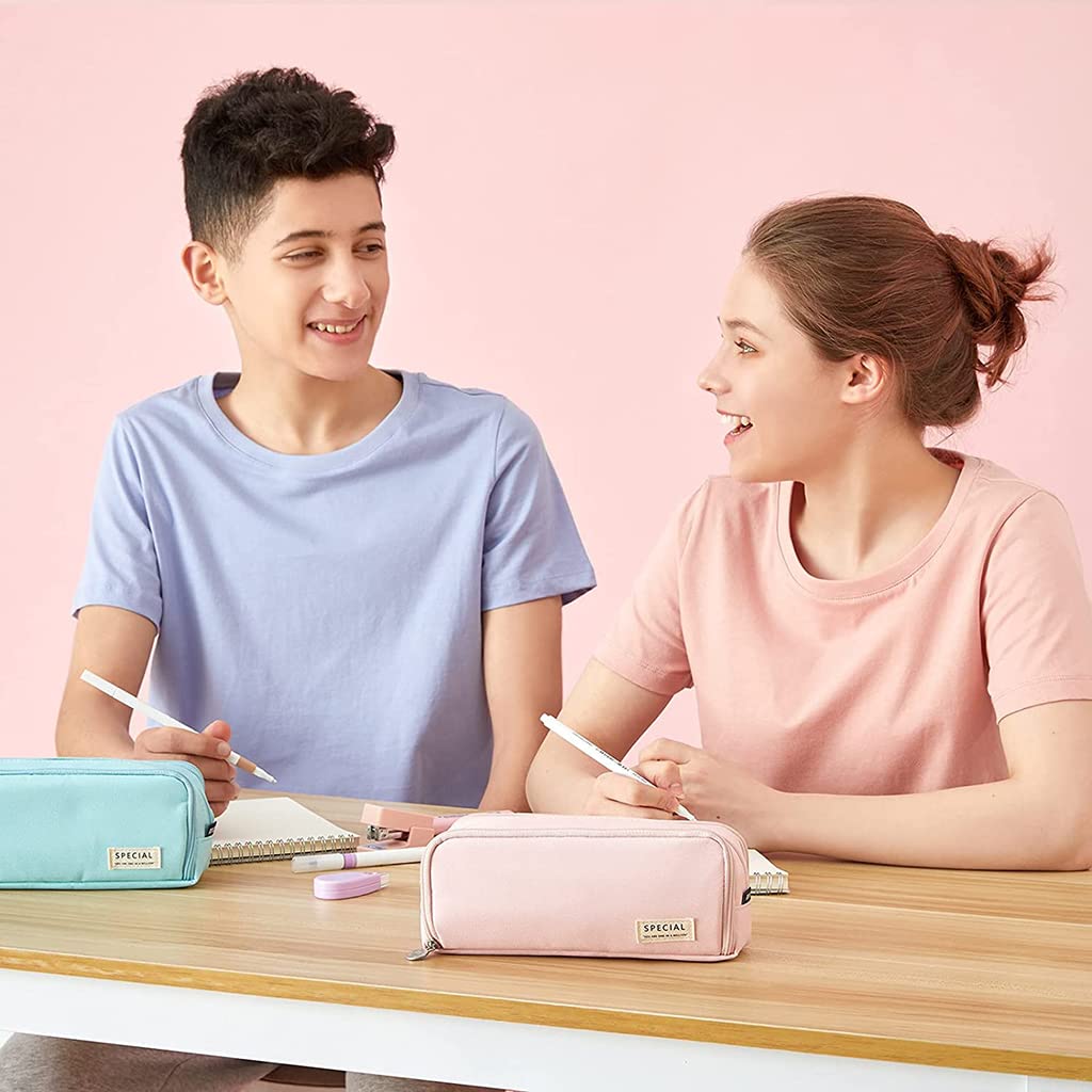 HASTHIP Pencil Case for School and Office with 3 Zippers and 21x5x9cm Capacity | Pink Multi Compartment Pouch
