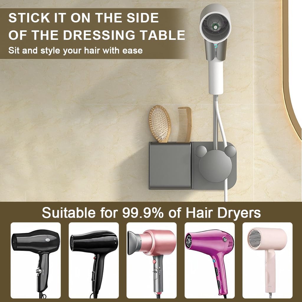 HASTHIP Hair Dryer Holder Wall Mount for Hands Free Styling with Flexible Gooseneck | Bathroom Organizer with Storage Compartment and Cable Management