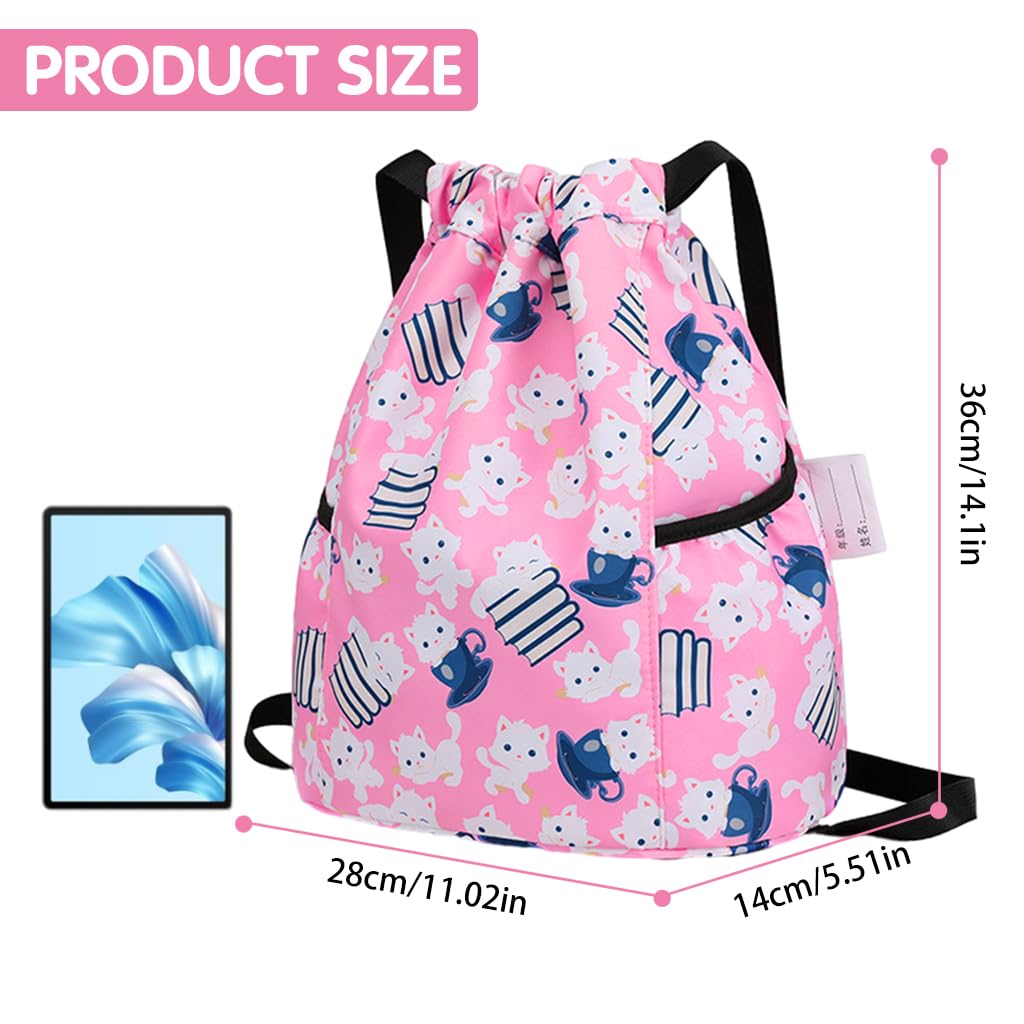 PALAY® Drawstring Backpack Kids Drawstring Bags Pink Cartoon Print Nylon Drawstring Backpack with Adjustable Shoulder Strap Girls Waterproof Nylon Travel Backpack Swimming Bag Activitiy Bag