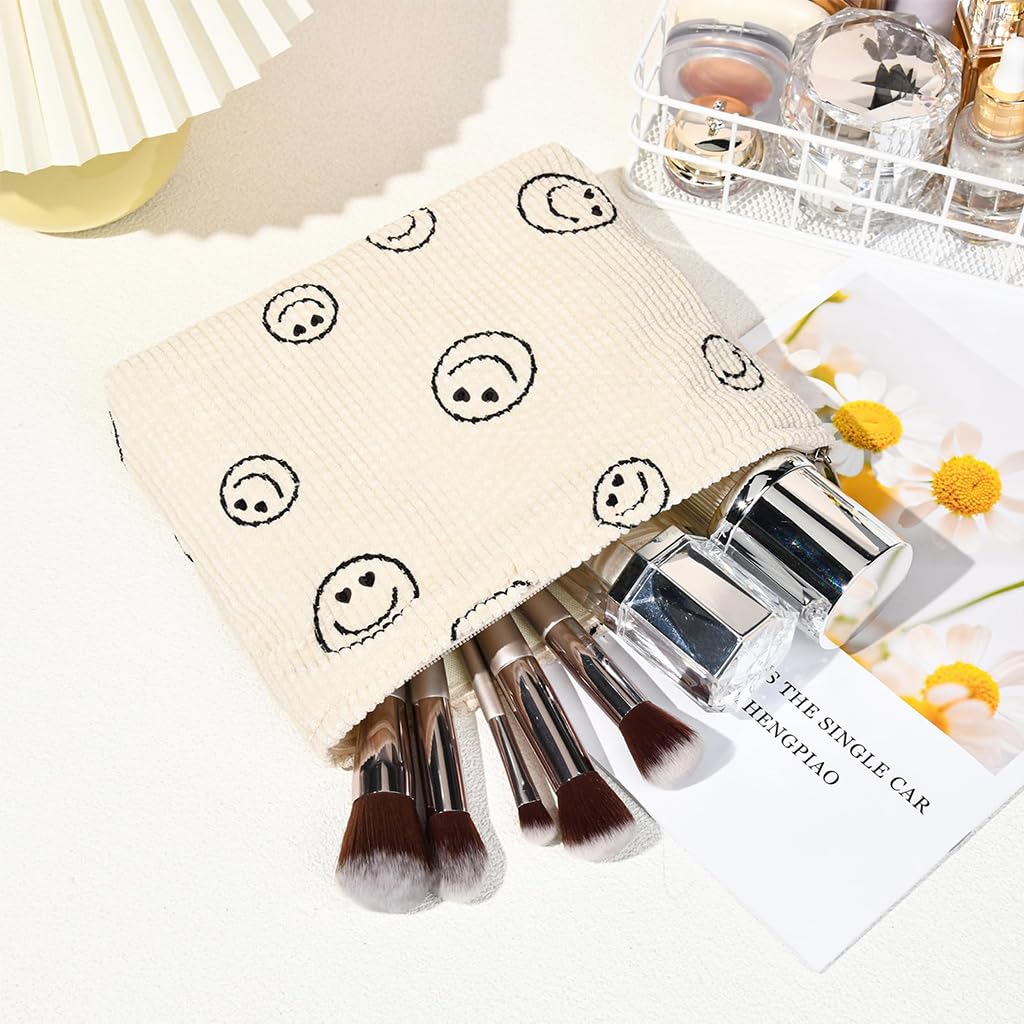 ZIBUYU Makeup Pouch Bag for Travel and Daily Use with Zipper Closure 25x20x6 cm | Corduroy Smiley Print for Women