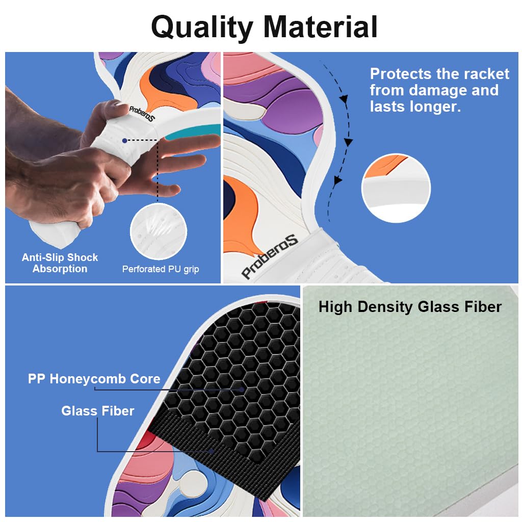Proberos Pickleball Racket Set for Outdoor and Indoor Games with 4 Balls & Carry Bag featuring Fiberglass Honeycomb Paddles