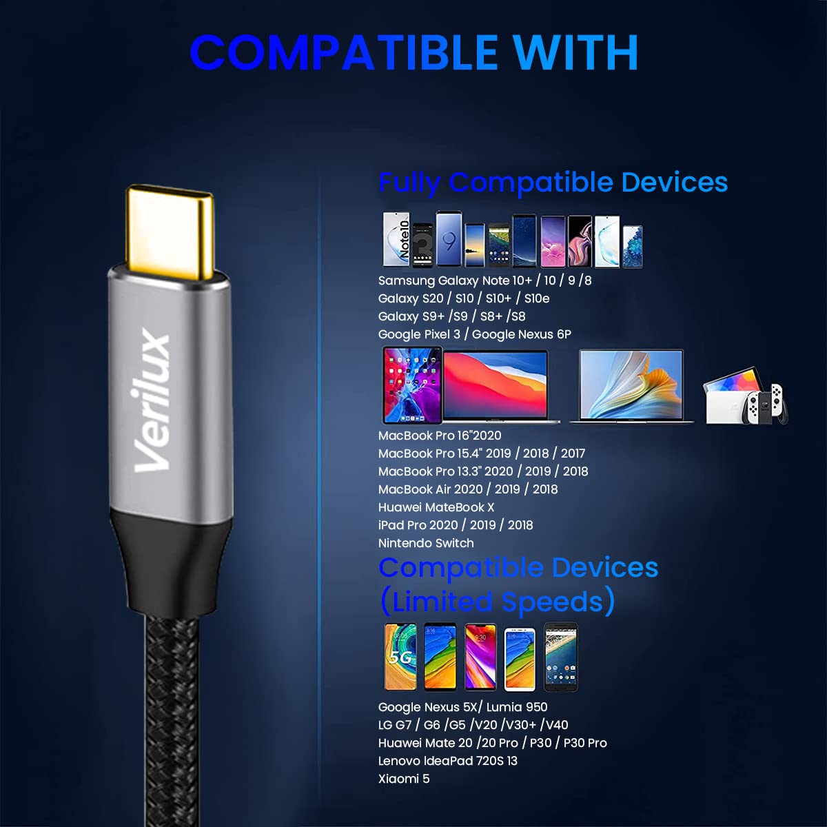 Verilux USB C Cable for Fast Charging 100W 10ft with E Marker Chip | 10Gbps Data Transfer