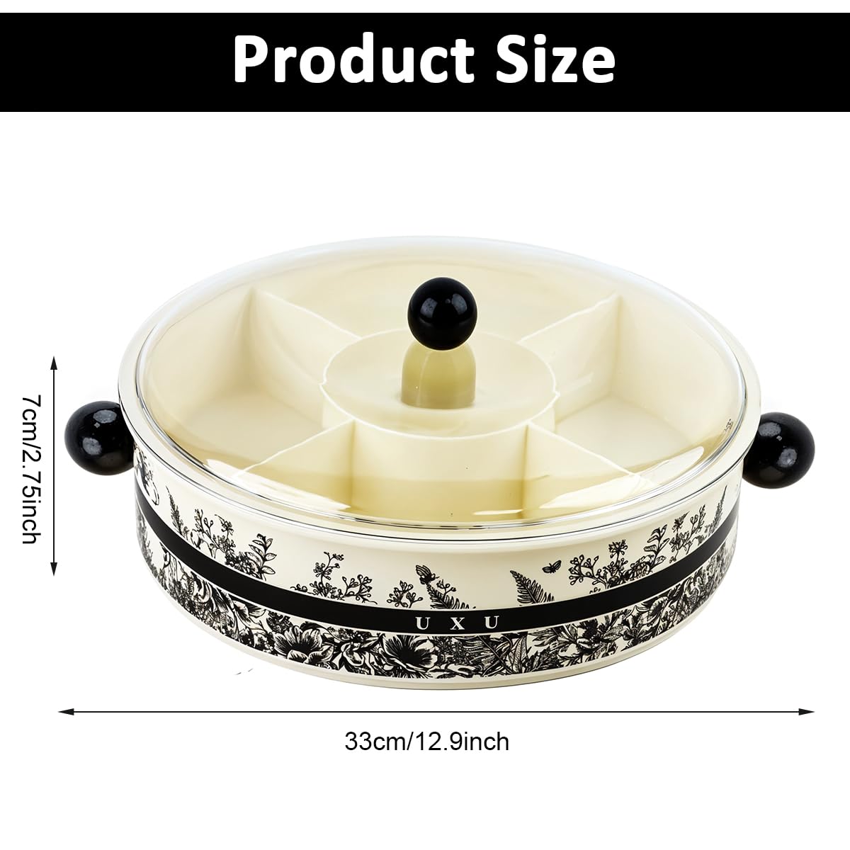Supvox Dry Fruit Container for Snacks and Nuts with 5 Compartments and Lid | 13 in Round Food Tray