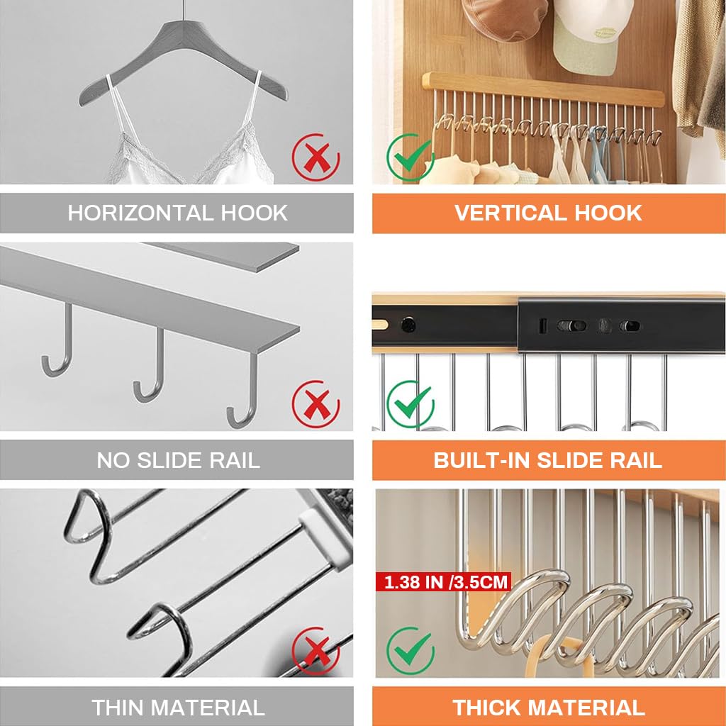 HASTHIP Wooden Hanger for Clothes with 12 Hooks 41x8cm | Sliding Wall Mounted Rack