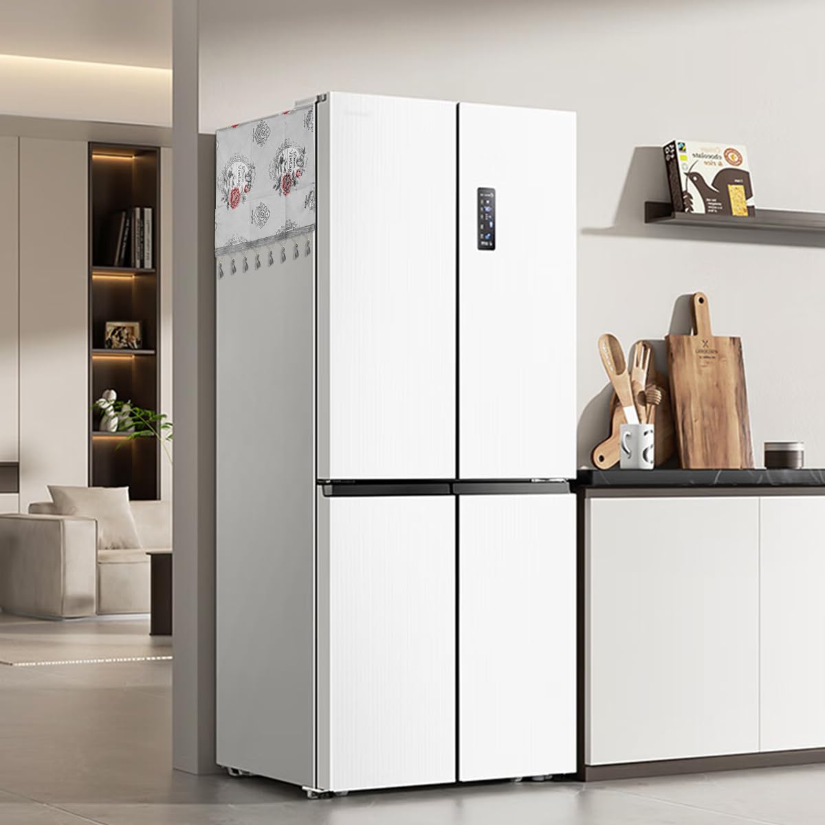 HASTHIP Fridge Cover for Side by Side Refrigerator with Pockets 26.3x55 in Polyester | Floral Tassel Design