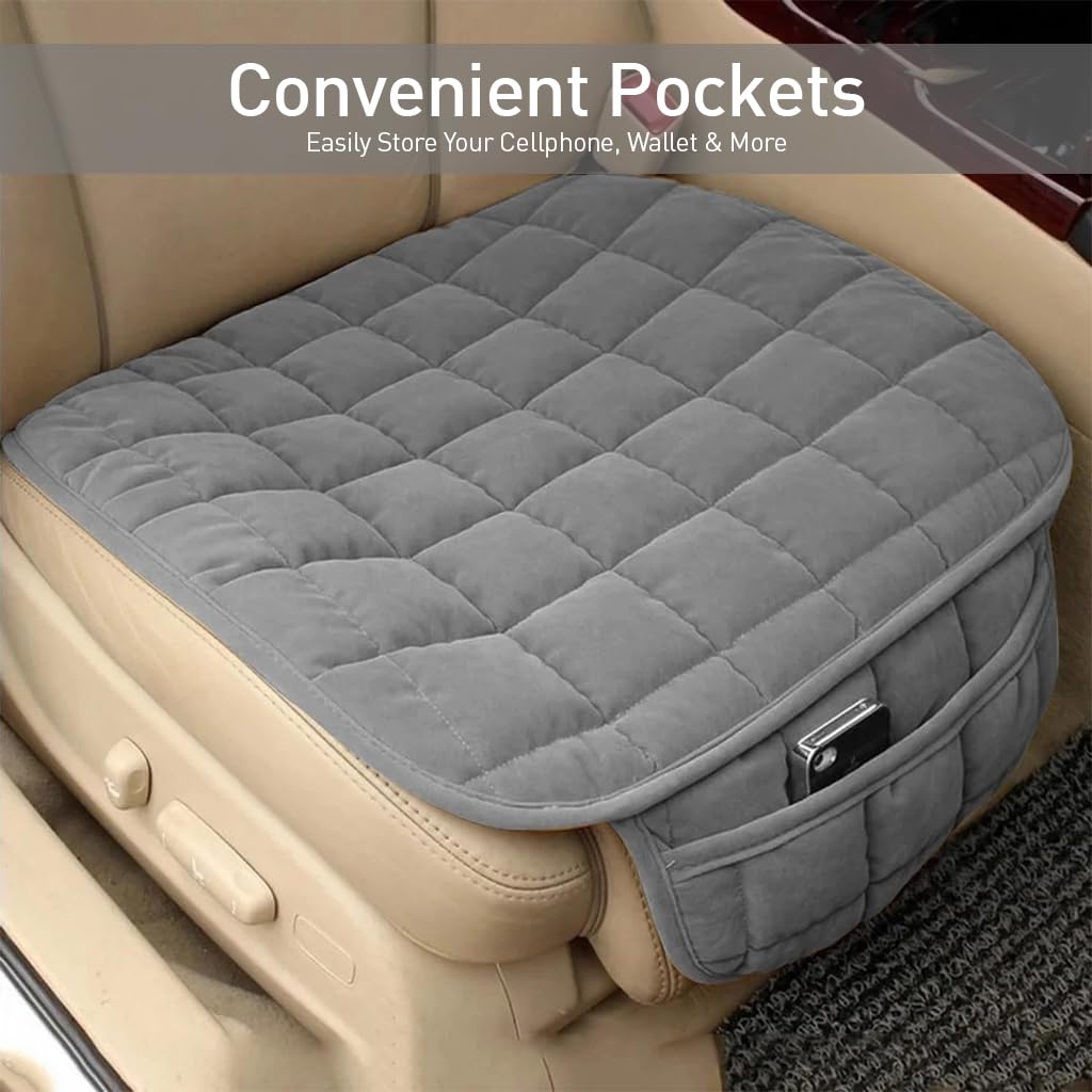 STHIRA Car Seat Cushion Mat for Cars with Anti Slip Silicone Dots and Soft Velvet Comfort | Cotton Filled with Extra Pocket
