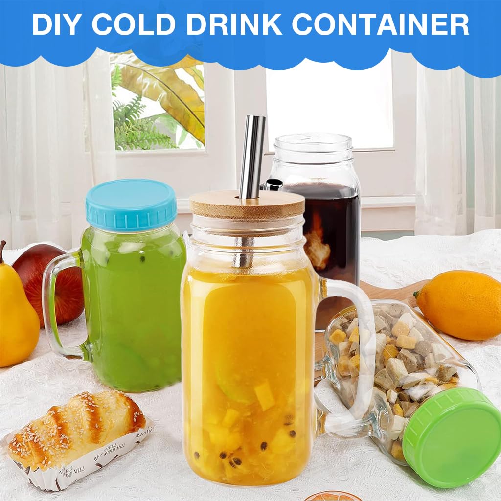 Supvox Glass Drinkware Set for Cold Brew Drinks featuring Dual Lid Options & Handles | 4Pcs 16oz Mason Jar Cups with Wooden and Plastic Lids