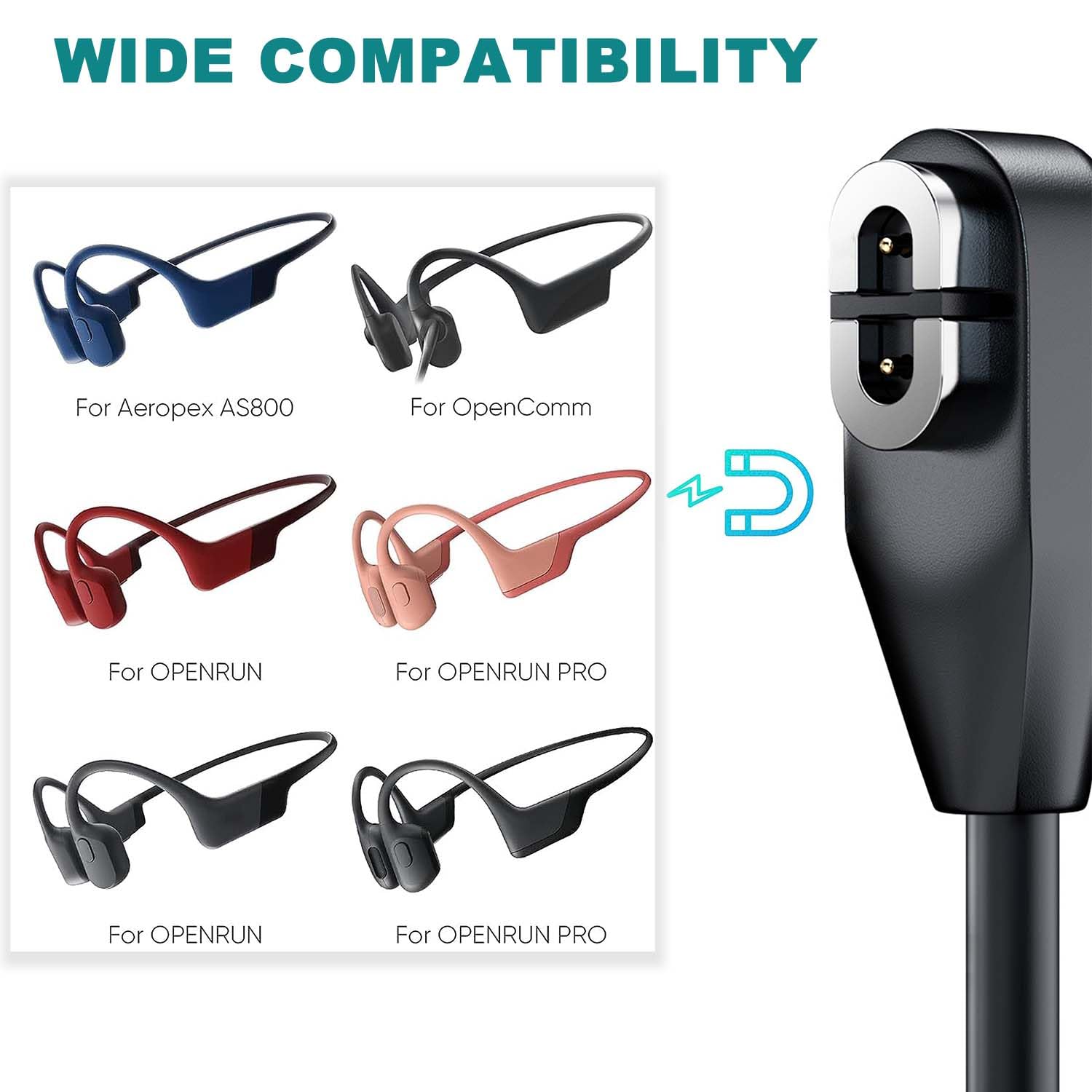 Verilux Magnetic Charging Cable for Shokz Headphones featuring 3.3 ft PVC Cord and Dual Copper Pins