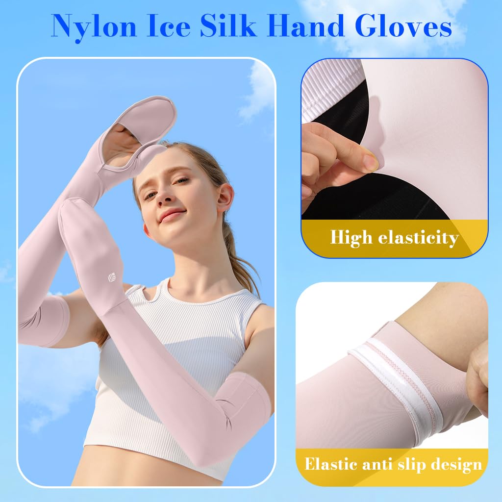Venzina UV Sun Protection Arm Sleeves for Outdoor Sports with UPF 50+ and Anti Slip Design | Cooling Pink Ice Silk for Women and Girls