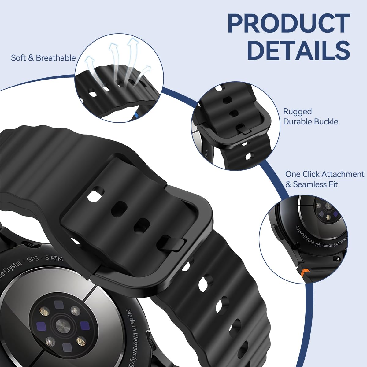 ZORBES Silicone Watch Band for Samsung Galaxy Watch 7 40mm 44mm with Quick Release Pin | Lightweight Sweatproof Black Strap for Men and Women