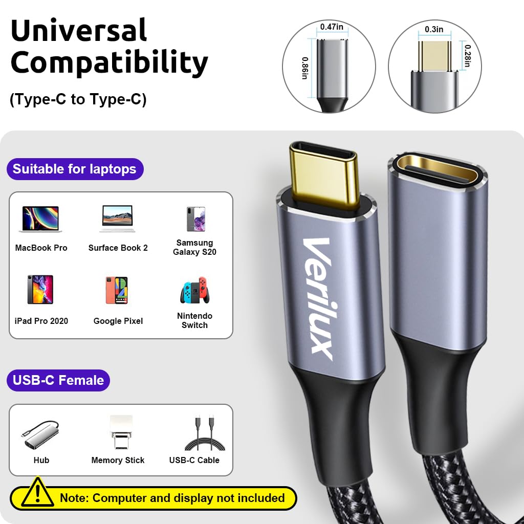 Verilux USB C Extension Cable 6.6ft with 100W PD Fast Charging & 4K Video | Nylon Braided
