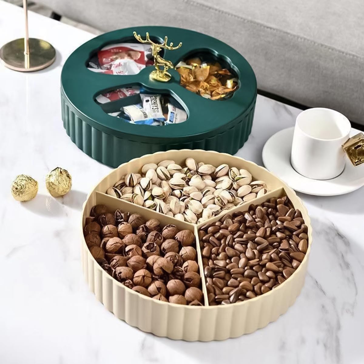 HASTHIP® Snack Serving Tray Nuts Serving Tray with Lid Double-Tier 6-Compartments Snack Tray Modern Dessert Serving Tray Dried Fruit Serving Tray Candy Box Snack Holder