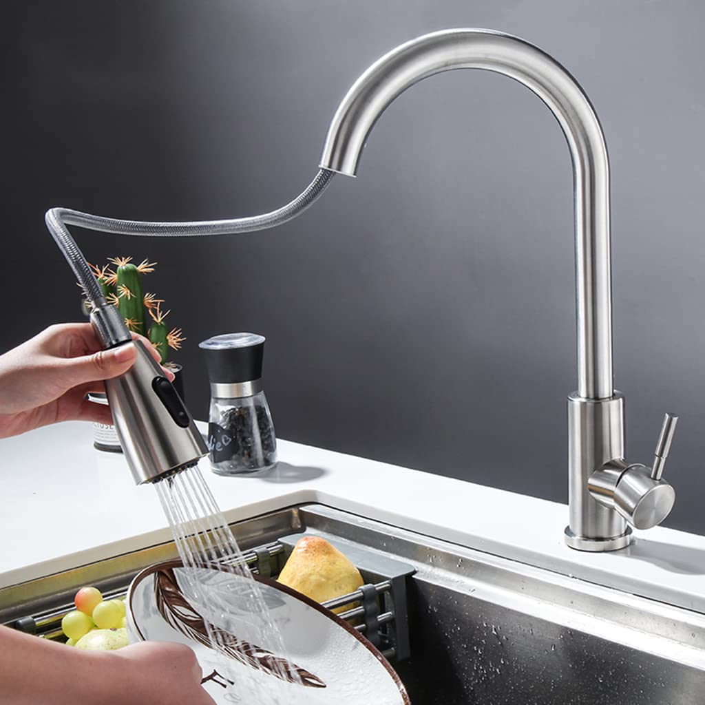 HASTHIP® Kitchen Faucet with Pull Down Sprayer Brushed Nickel, 304 Stainless Steel Kitchen Sink Faucet, High Arc Single Handle, 360° Rotatable, Two Water Outlet Modes, Matte Finish, Swan Neck Spout