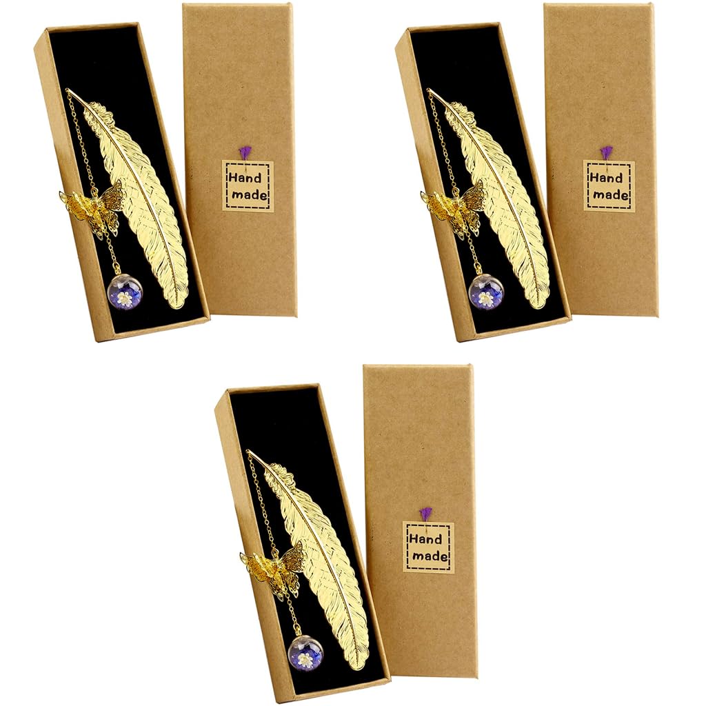 Supvox Metal Feather Bookmark for Reading and Gifting featuring 3D Butterfly Pendant | 3 PCS