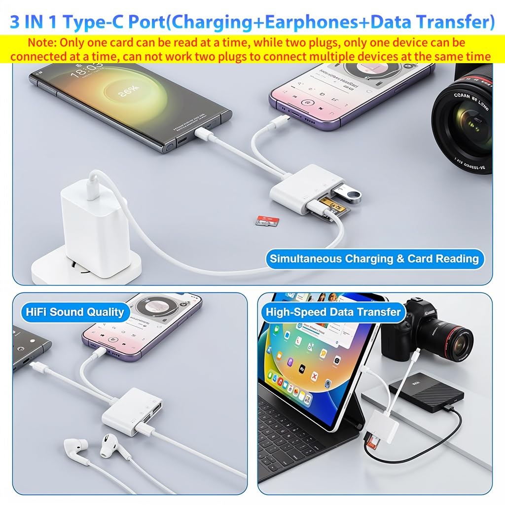 Verilux Multi Card Reader for iPhone and Type C Devices with Dual Connector 6 in 1 Design