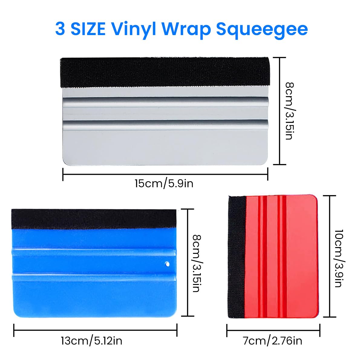 Supvox® 3Pcs Felt Edge Squeegee, 4inch - 5inch - 6inch Vinyl Wrap Squeegee, Plastic Squeegee Scratch-Free for Decals, Window Film, Wallpaper